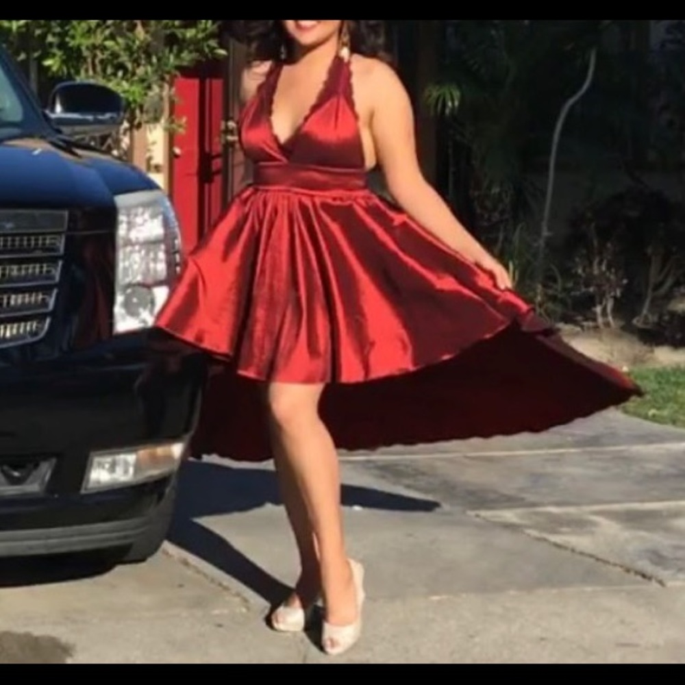V-neck high low fishtail gown